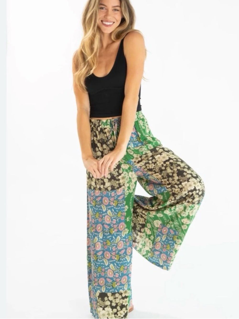 NATURAL LIFE Floral Patchwork Go with the Flow Wide-Leg Pants in Green and Blue